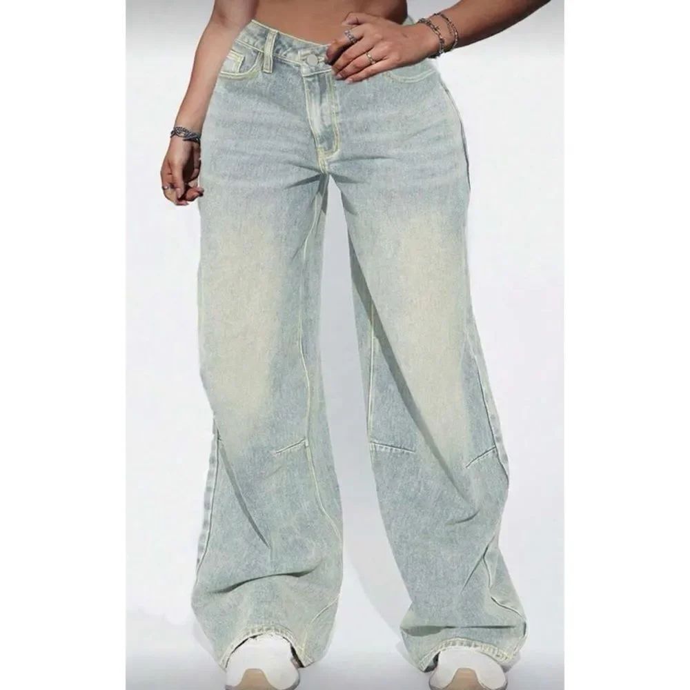 SHEIN Vintage Washed Loose Asymmetrical Waist Straight Leg Jeans